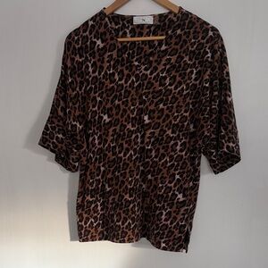 Natori Women Brown Leopard Print 3/4 Dolman Sleeves Oversize Pullover Top Size S